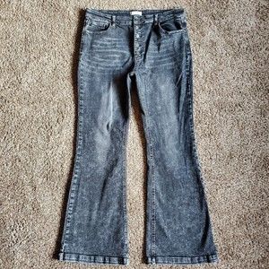 KanCan High Rise Flare Leg Jeans Womens Size 33 Black Acid Wash Stretch Button